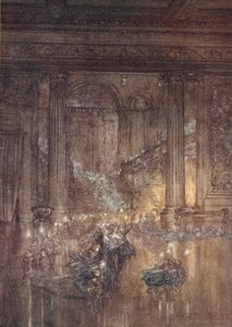 À travers la maison donne une lumière vacillante, par le feu mort et somnolent, illustration de 